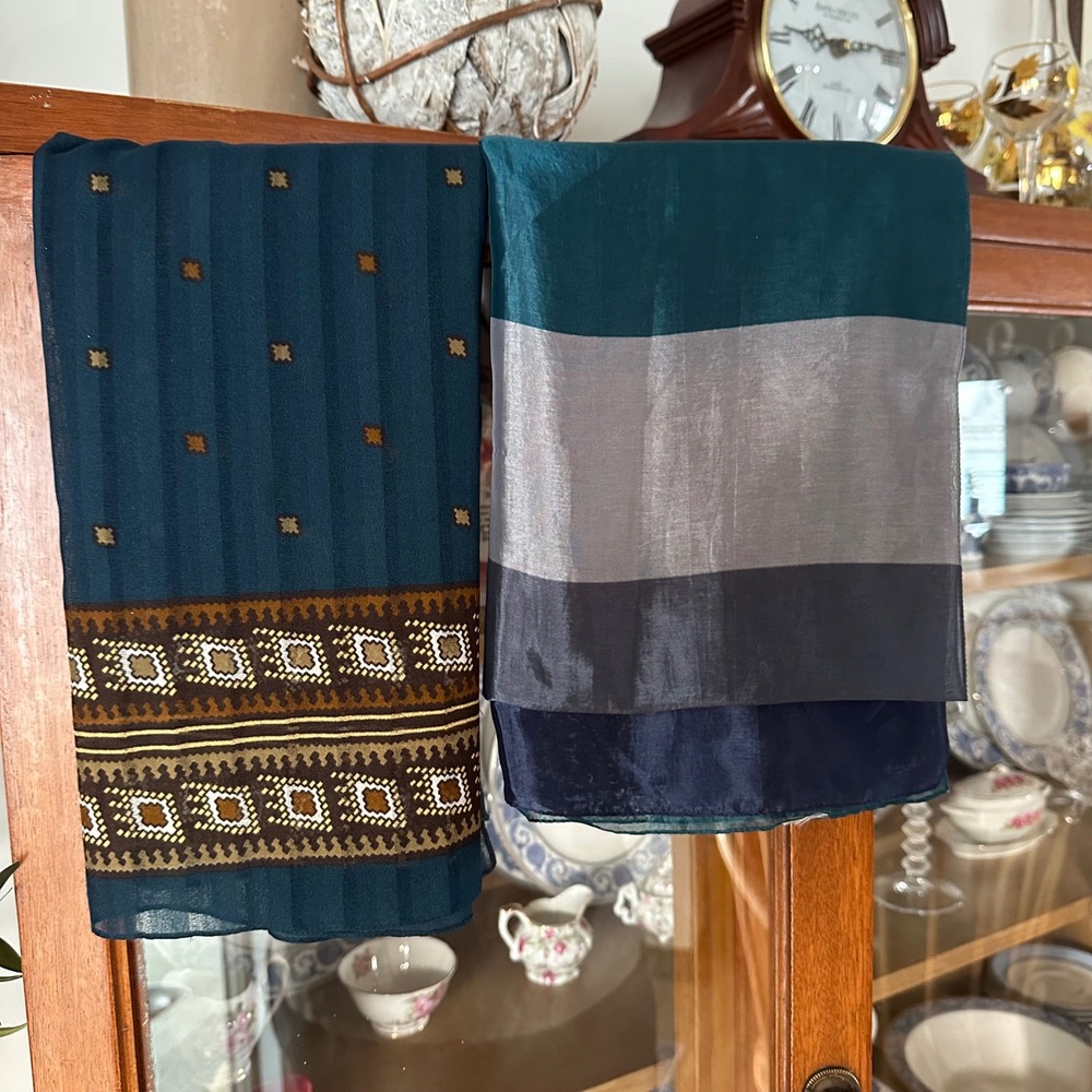 Vintage Scarf Lot Teal Blue Navy Geometric Square & Silky Striped Long Old Money